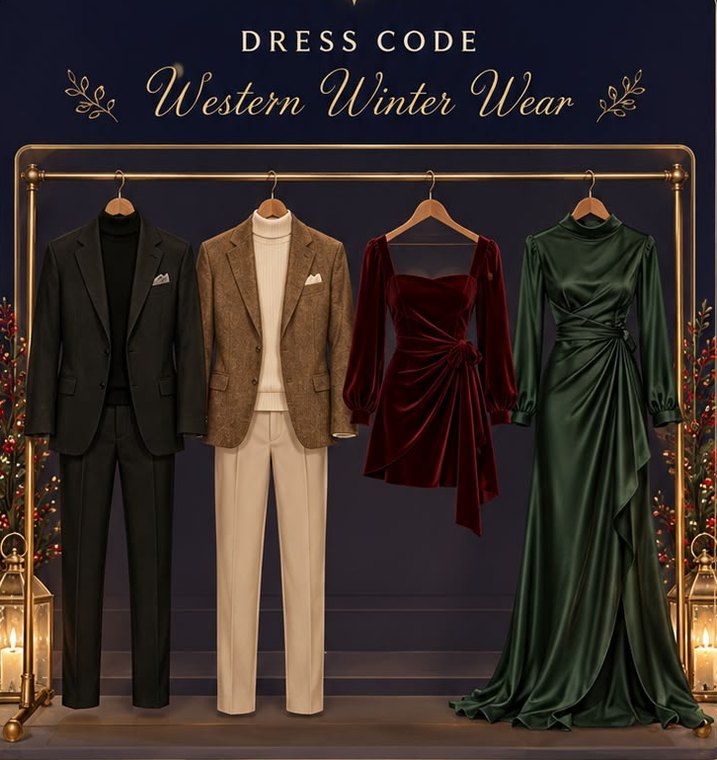 Dress code, Western winter wear: a black suit, a tweed jacket with cream trousers, a burgundy velvet dress and a long green gown