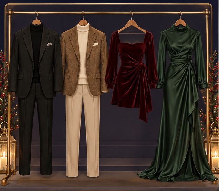 A black suit, a tweed jacket with cream trousers, a burgundy velvet dress and a long green gown